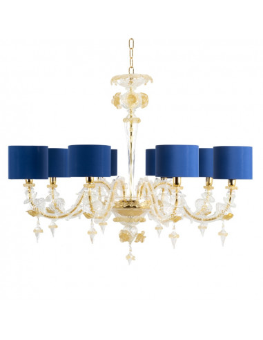 Modern Ca' Rezzonico chandelier in 24k Gold Murano glass with fabric lampshades